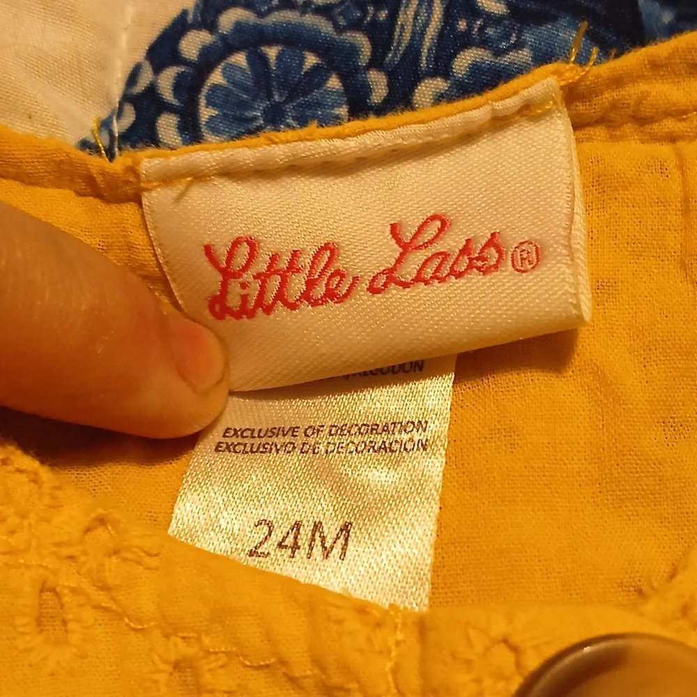 Little Lass Mustard Yellow Eyelet Dress Floral Lined w/Pockets Girls Dress 24M
